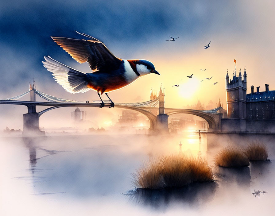 Bird flying over misty river with Tower Bridge and distant bird silhouettes in orange sky