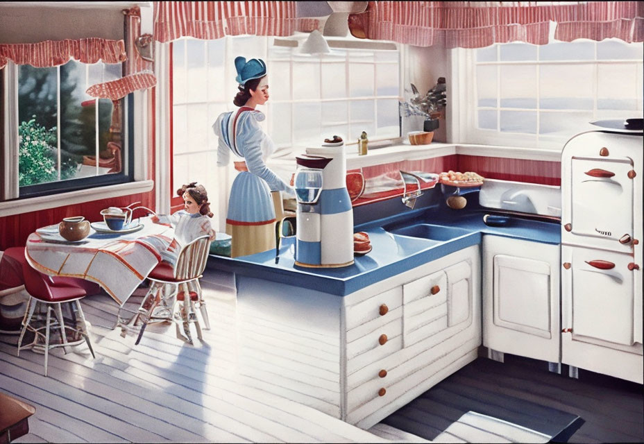 Vintage-style kitchen with woman and girl, retro appliances, checkered curtains