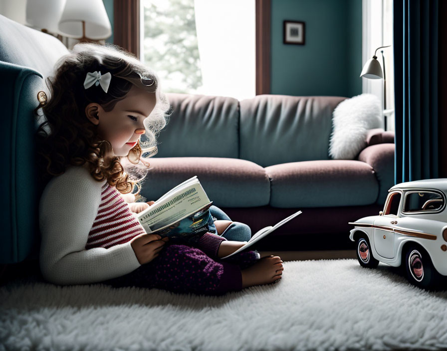 Young girl reading book by window with toy car and couch in background