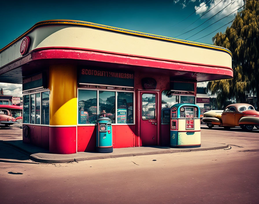 Vintage Gas Station with Retro Cars and Bright Red & Yellow Facade