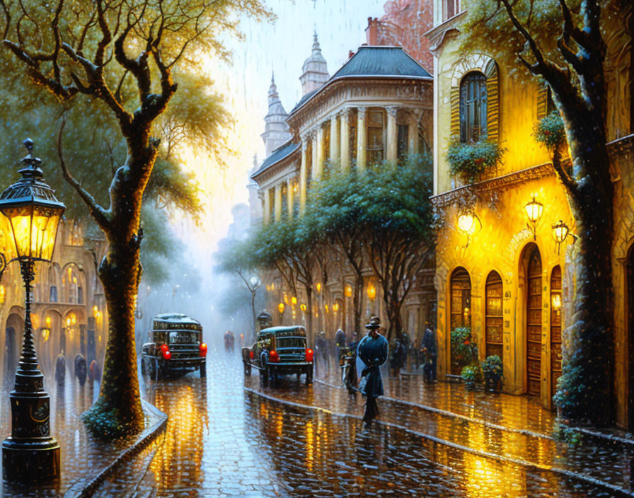 Rainy evening painting: cobbled street, vintage cars, street lamps, pedestrian with umbrella, warm