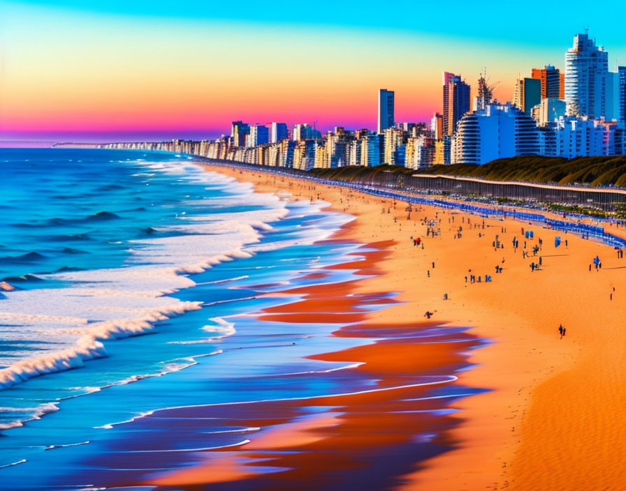 Vibrant sunset beach scene with blue waves, golden shore, and skyscrapers.