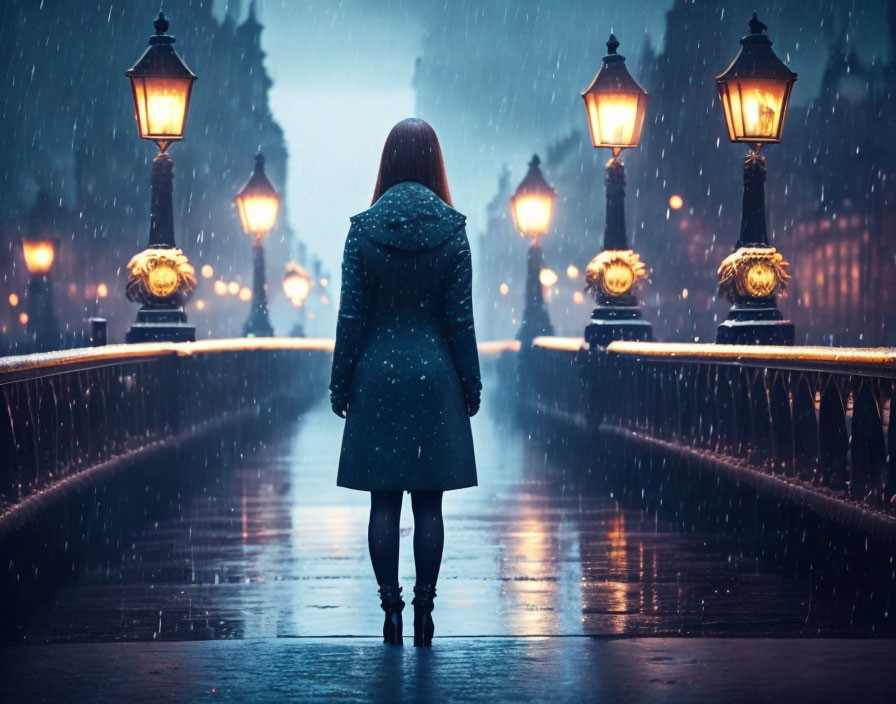 Person standing on wet bridge in rain under glowing street lamps