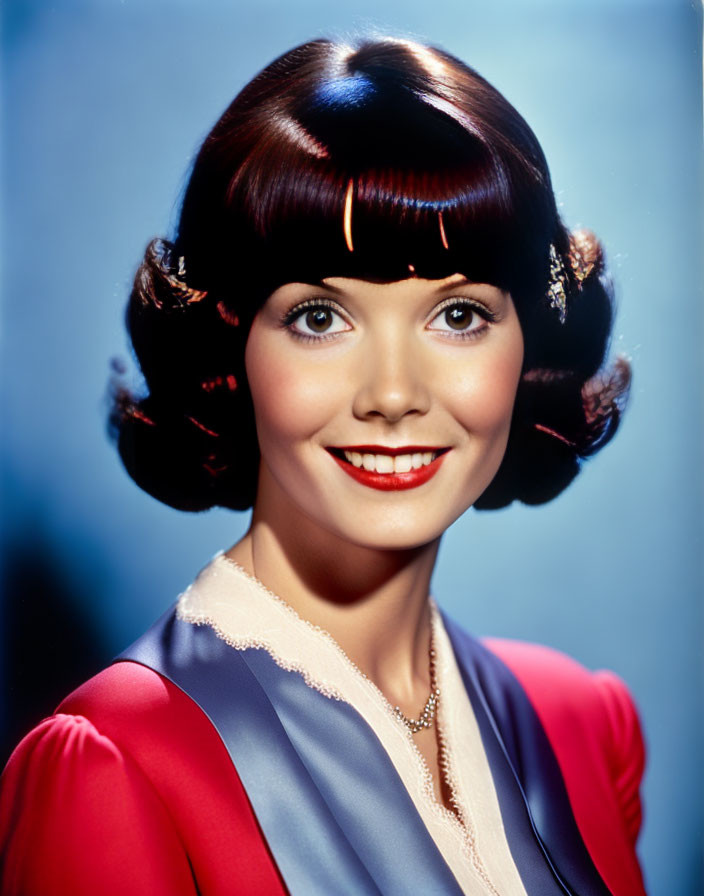 Woman with Vintage Waves, Blue & Red Dress, Red Lipstick & Pearl Necklace