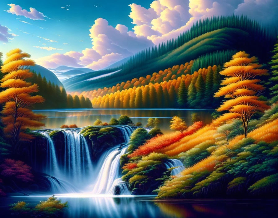 Scenic waterfall painting with autumn trees and mountains