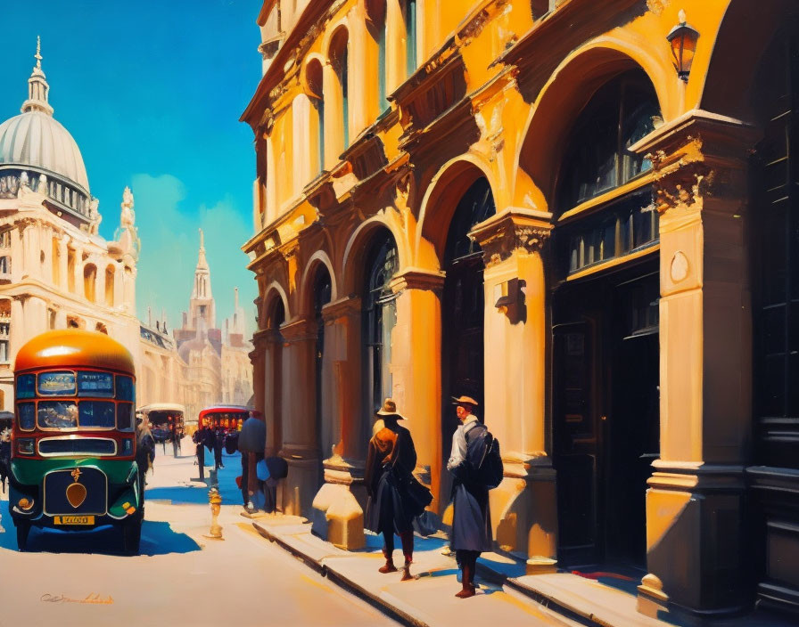 Colorful city street painting with vintage bus and classic architecture