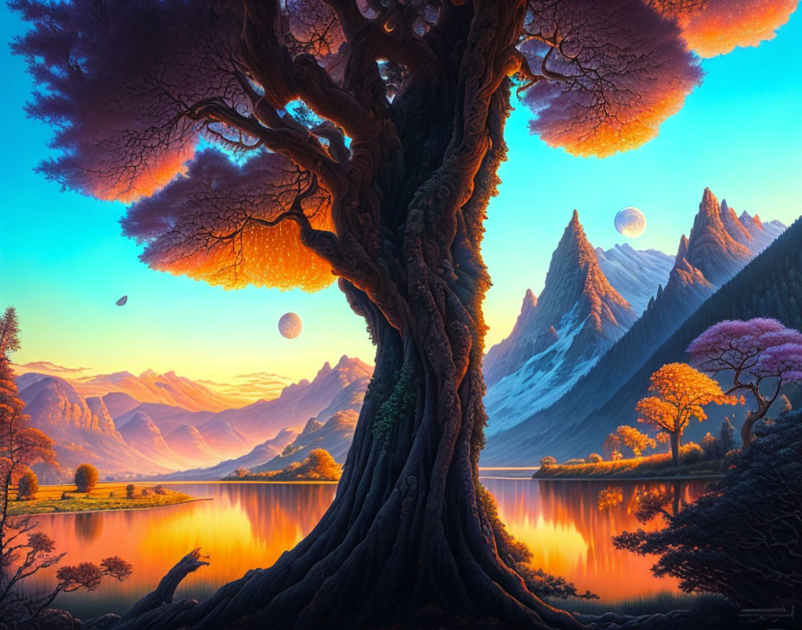 Digital Art: Majestic Tree Overlooking Lake and Mountains