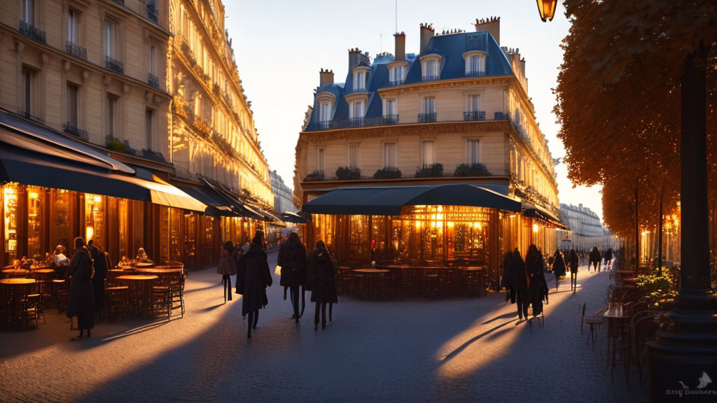 Classic Architecture and Cafes on a Busy Evening Street