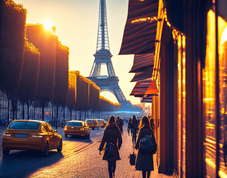 Busy Paris Street Sunset Scene with Eiffel Tower