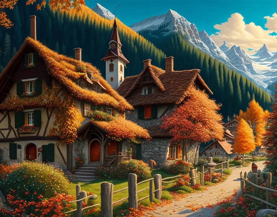 Scenic village with thatched-roof cottages and autumn trees