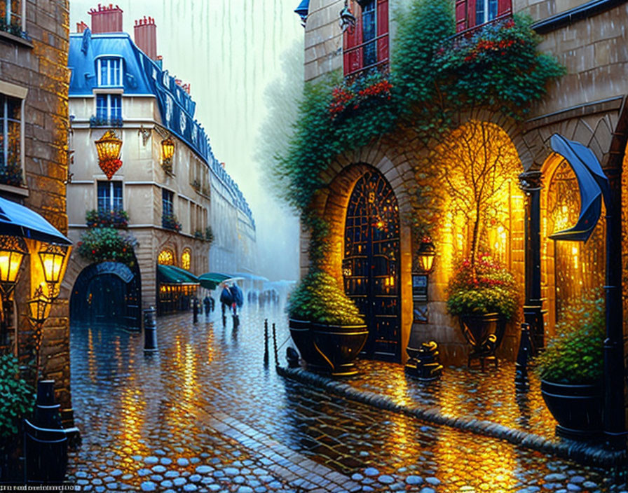 European city alley with cobblestones, street lamps, greenery, and people with umbrellas.