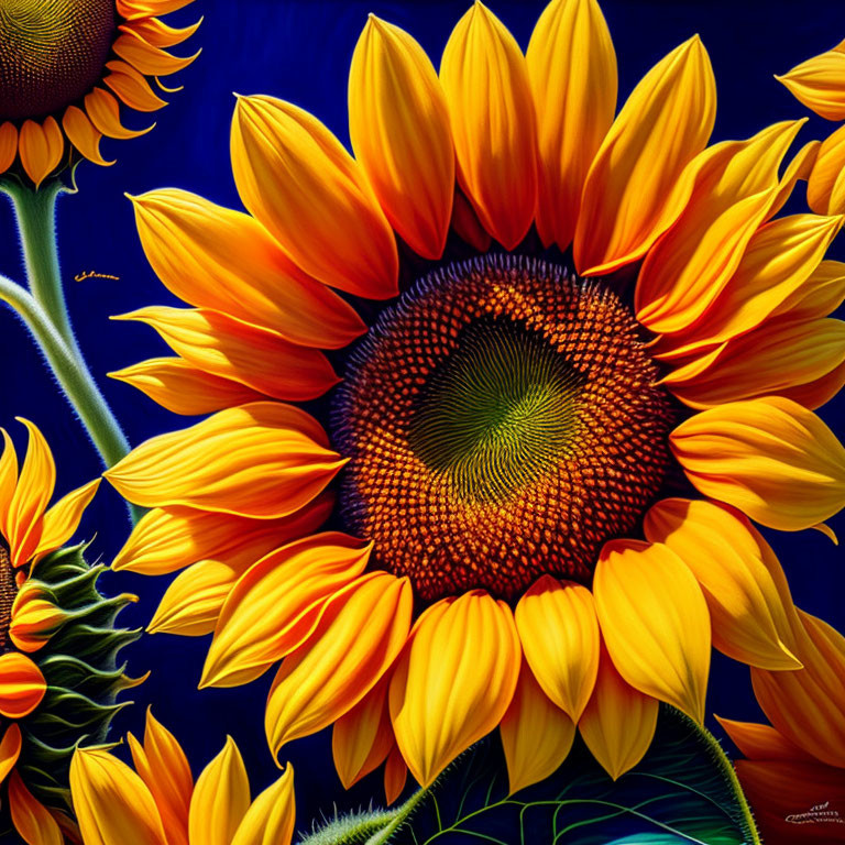 Detailed close-up sunflower painting on dark blue background