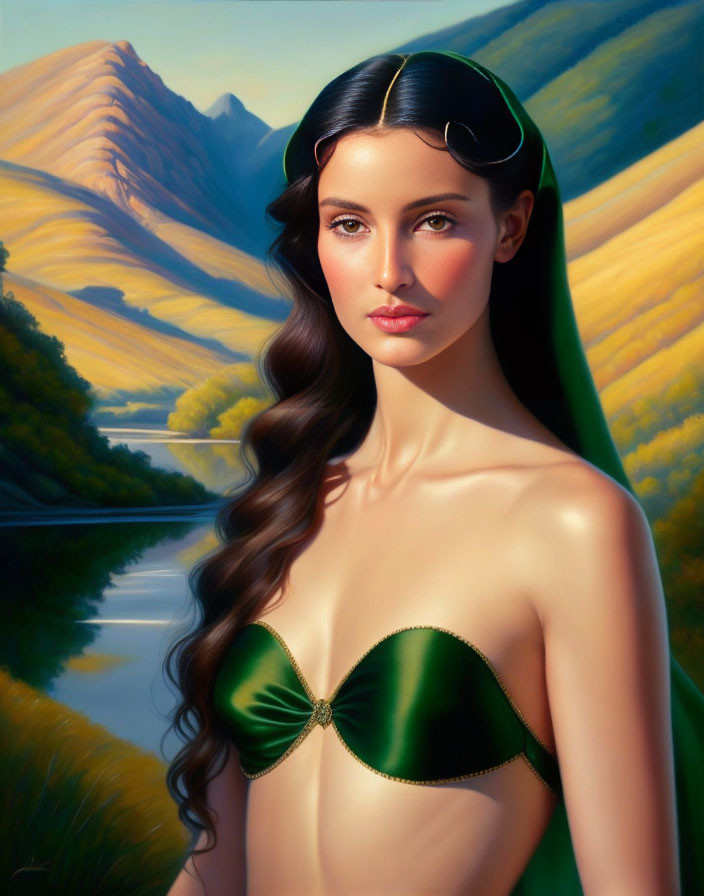 Dark-haired woman in green cape against serene mountain landscape