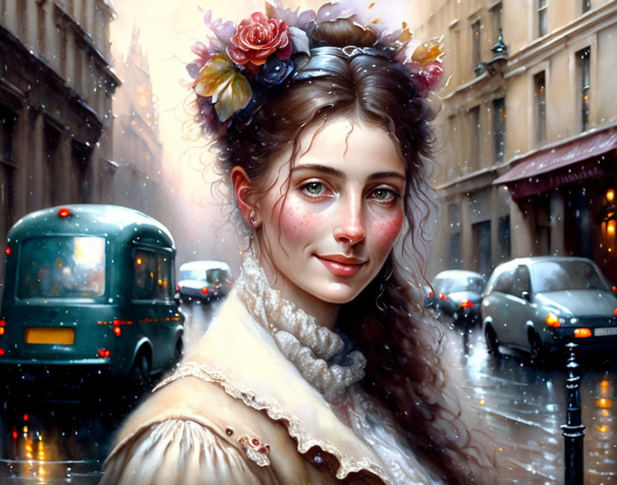 Young woman with flowers in hair smiling in city rain scene