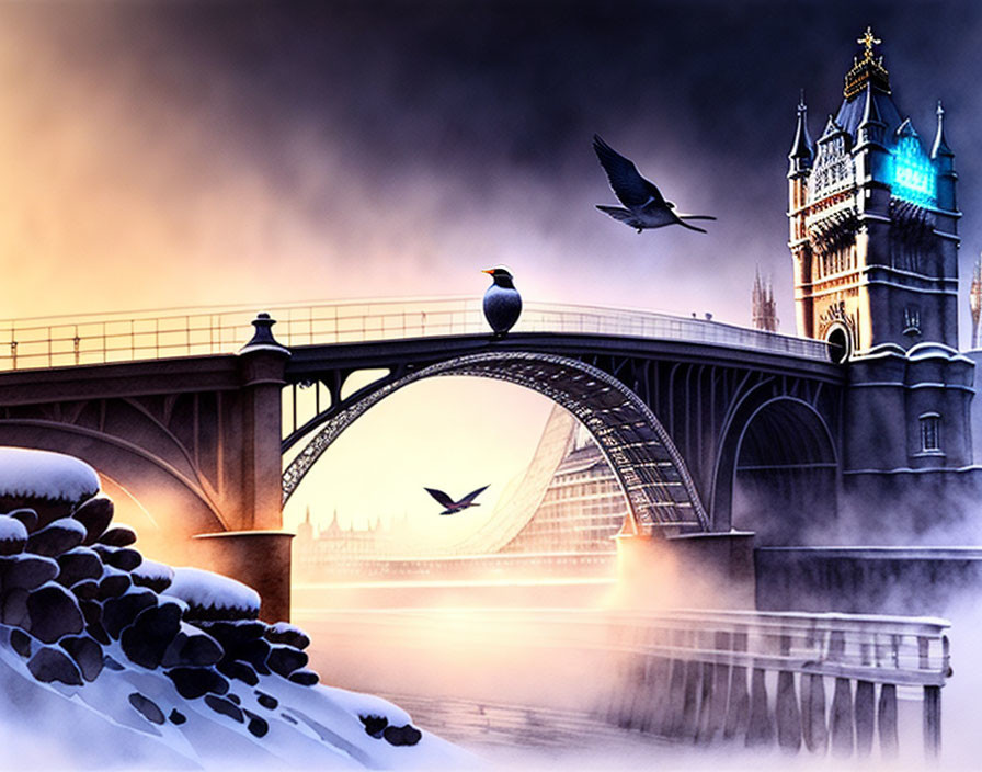 Illustration of Tower Bridge in London with mist, birds, and crow on snowy rocks