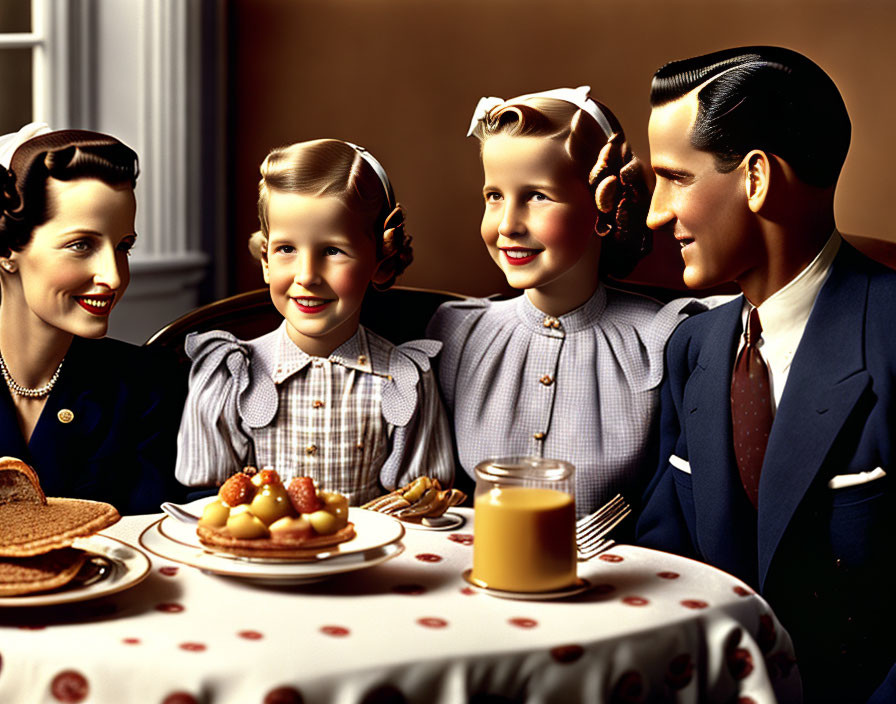 Vintage Family Illustration: Smiling Family of Four Around Table