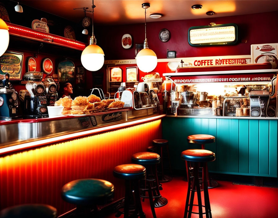 Vintage Diner with Red Theme, Bar Stools, and Classic Coffee Machines