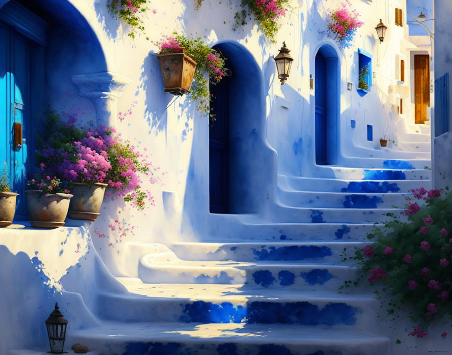 Vibrant painting of charming street with white and blue buildings