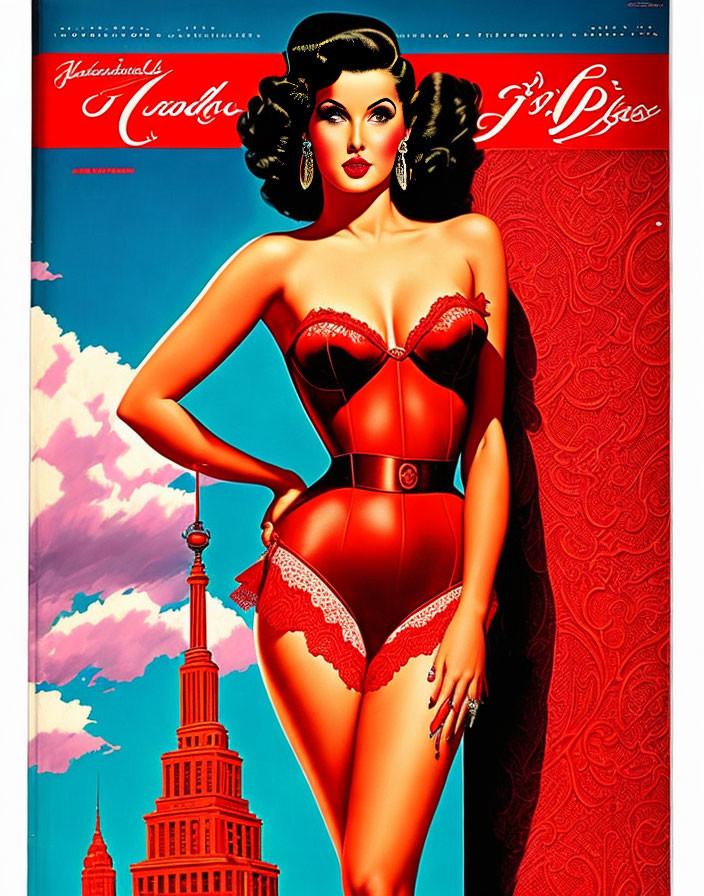 Vintage Style Poster: Woman in Red Lingerie Corset, Clouds & Tower Background