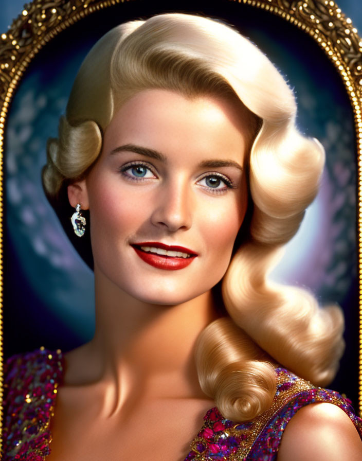 Smiling woman in vintage portrait with blonde hair and purple dress