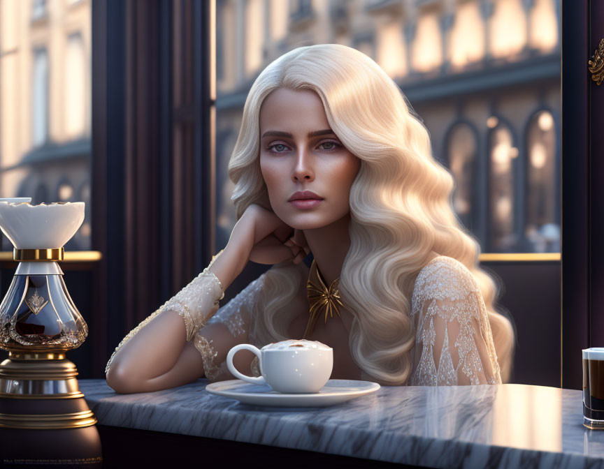 Blonde woman in white lace dress at cafe table with coffee cup