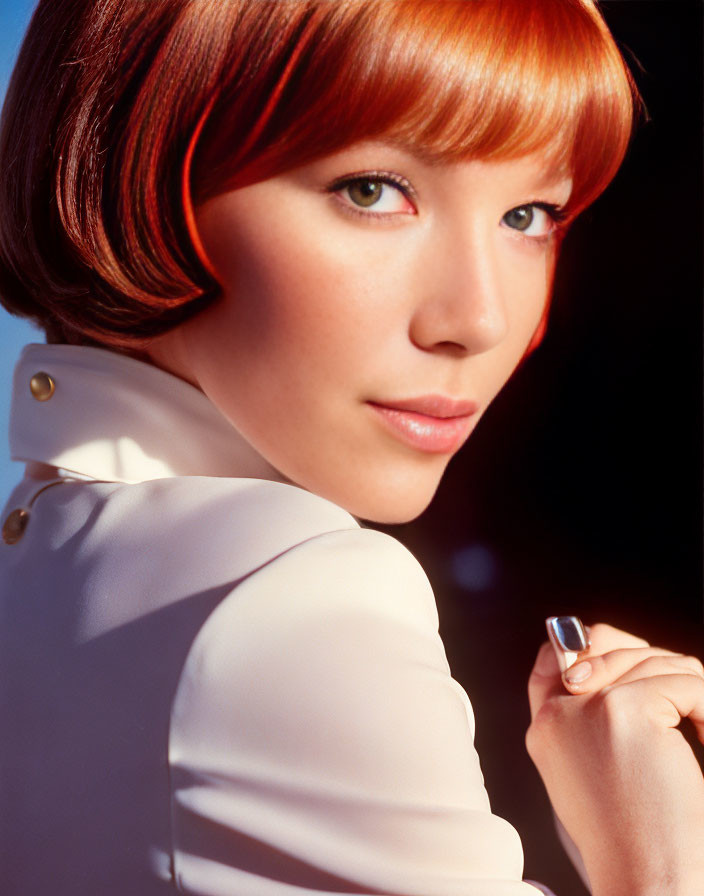 Woman with Blue Eyes and Auburn Bob Hair in White High-Collared Outfit