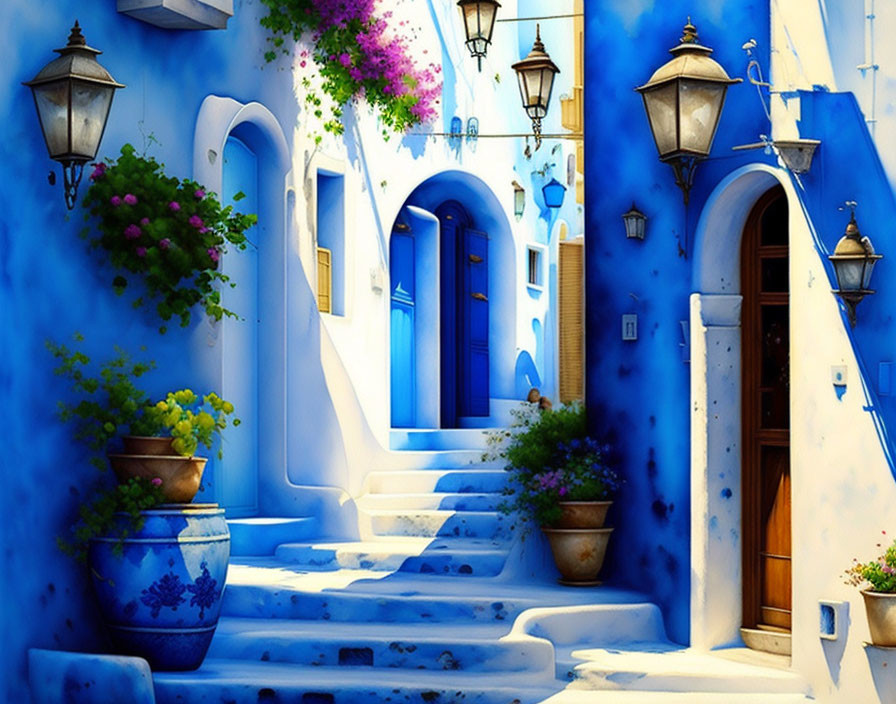 Cobalt-Blue Alley with Hanging Lanterns and Flowering Plants