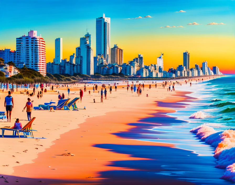 Colorful sunset beach scene with people and skyscrapers.