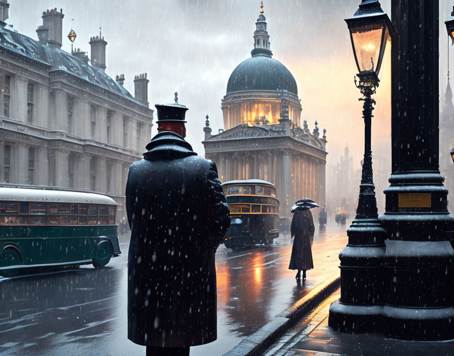 Person in dark coat gazes at rainy street with vintage buses and St. Paul's Cathedral dome in