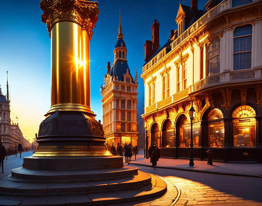 Bustling city street with ornate buildings and golden column at twilight