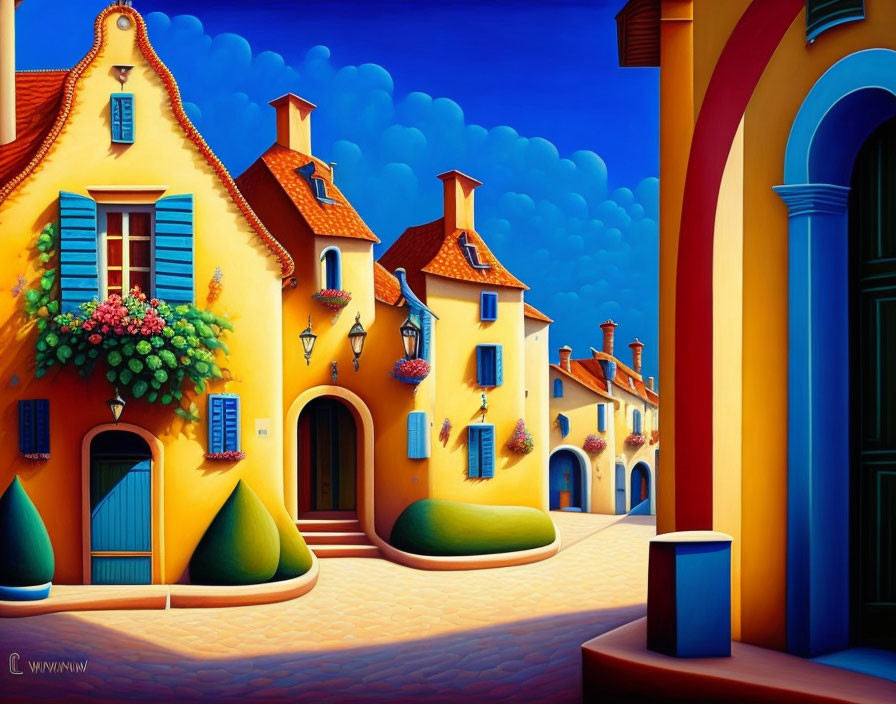 Colorful painting of whimsical village with stylized houses and curvy architecture.