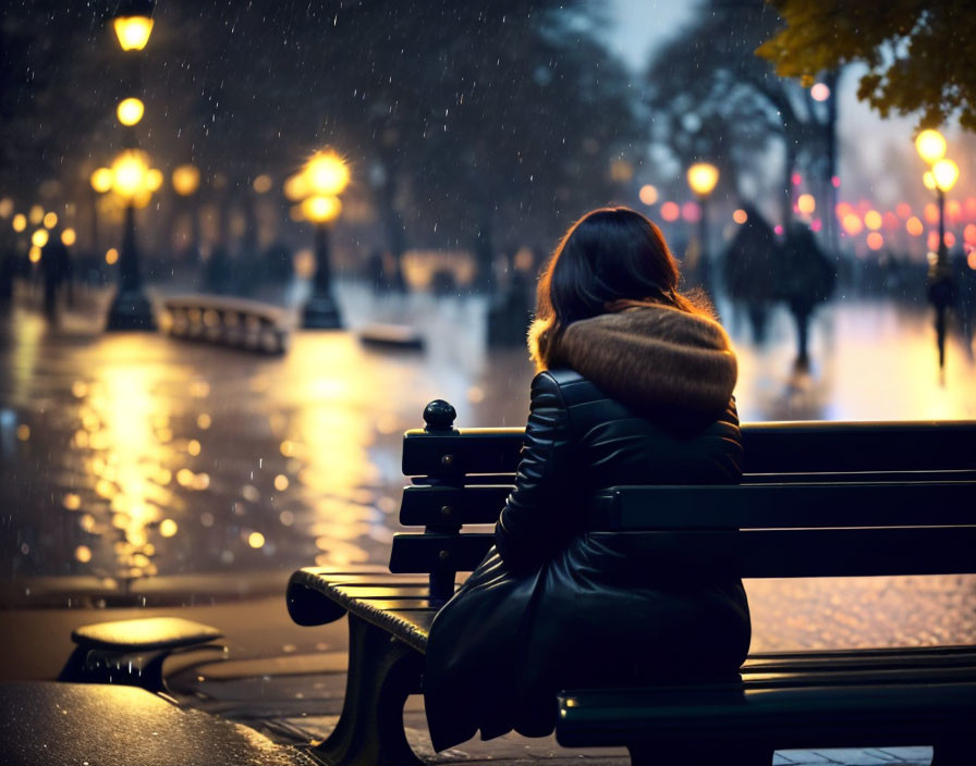 Lonely person on park bench at night with snowfall and streetlights.