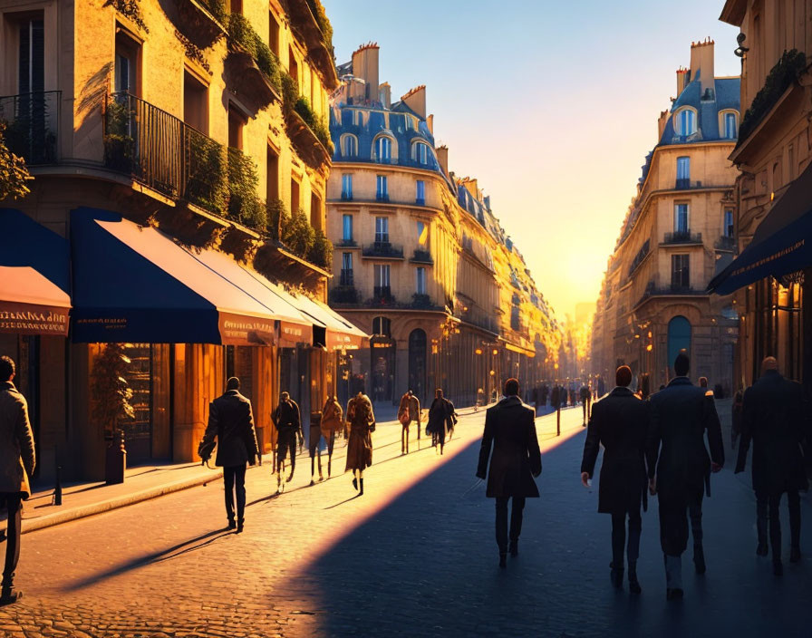 City street at sunset: People walking, long shadows, warm sun glow