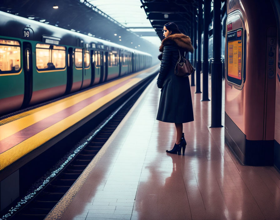 Woman in coat and heels on train platform with departing train and schedule board.