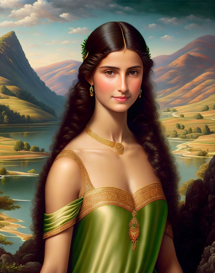 Classic Portrait of Woman in Green and Gold Dress with Serene Landscape