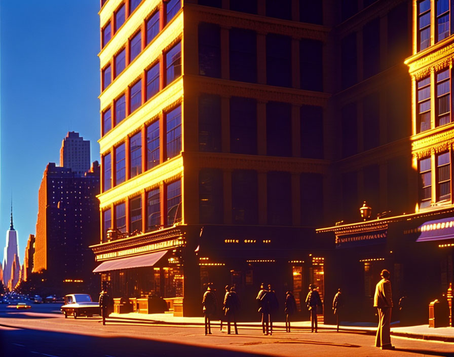 Twilight city street scene with pedestrians, classic car, and skyscraper.