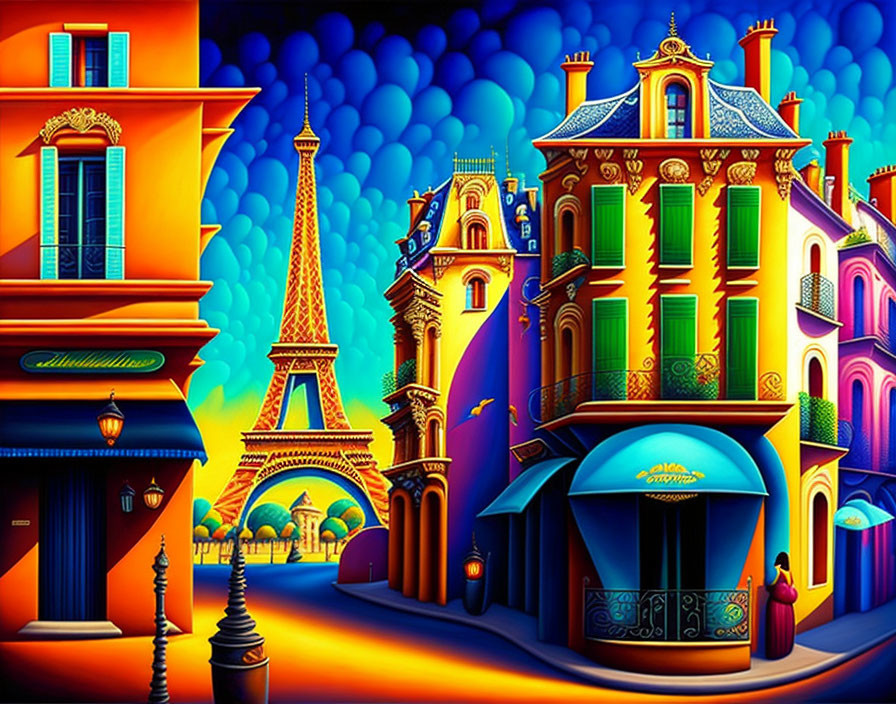 Vibrant street scene with Eiffel Tower and whimsical buildings