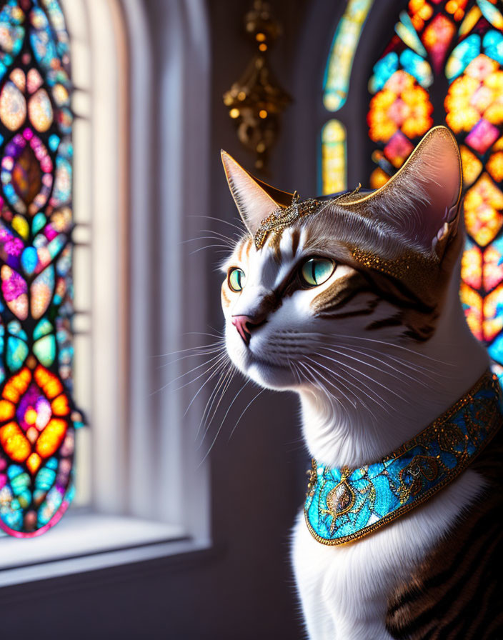 Regal Cat with Crown and Stained Glass Window