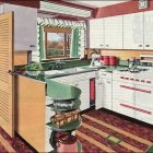 Vintage Red and White Kitchen with Woman in Green Dress and Retro Decor