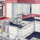 Vintage-style kitchen with woman and girl, retro appliances, checkered curtains