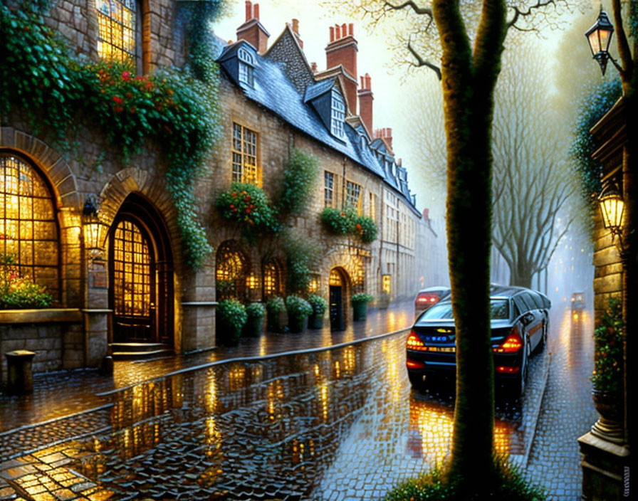 Rain-soaked cobblestone street with Tudor-style buildings at twilight