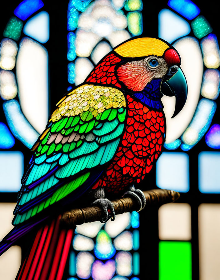 Colorful Parrot Mosaic Design on Blue Stained Glass