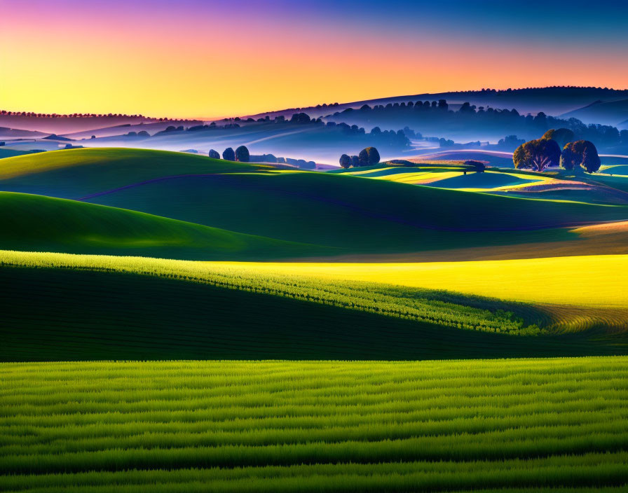 Scenic sunset over vibrant rolling hills and patchwork fields