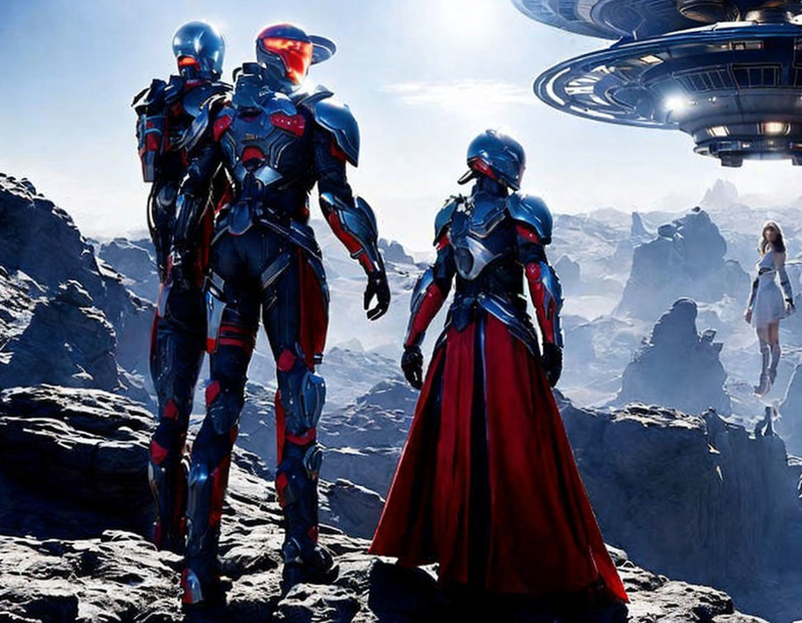 Futuristic armored individuals with red cape on rocky terrain, flying saucer, and person under bright