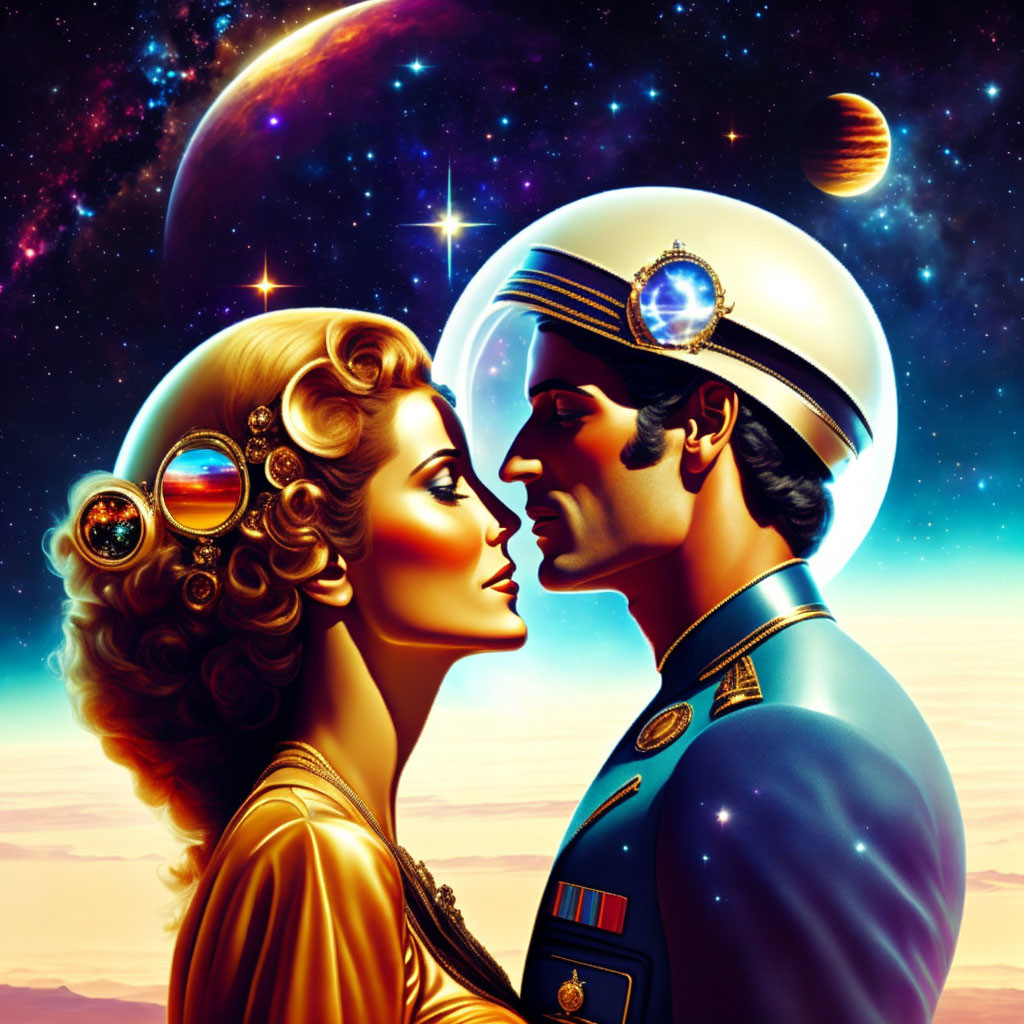 Retro-futuristic characters in uniform with cosmic backdrop