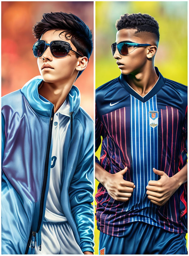 Two young men in sportswear and sunglasses pose confidently against vibrant abstract backdrop