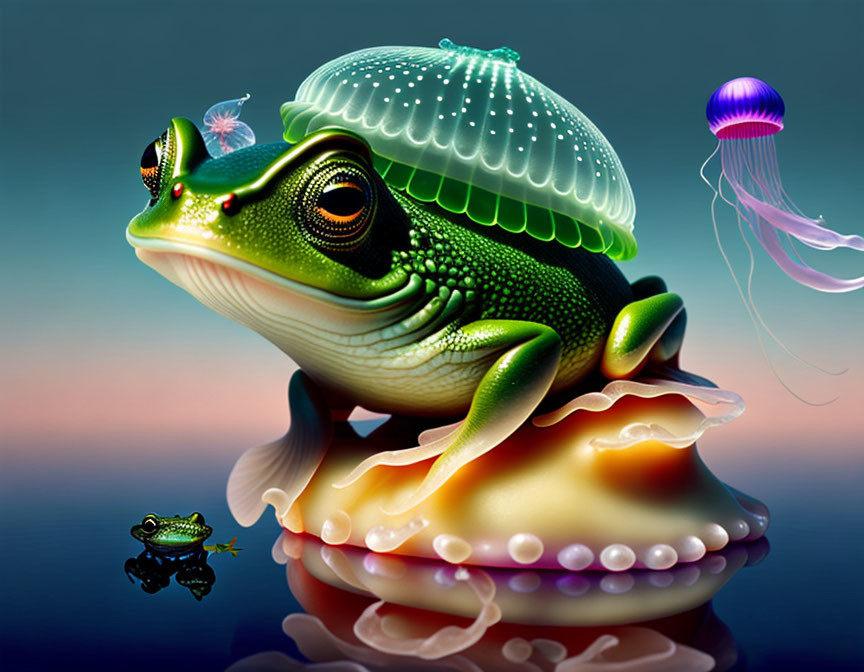 Digital artwork of green frog with jellyfish crown on clam, with tiny frog and floating jellyfish on