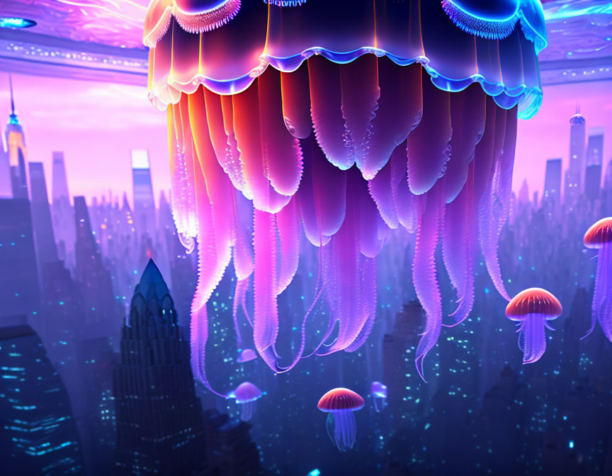 Futuristic cityscape with glowing jellyfish at dusk