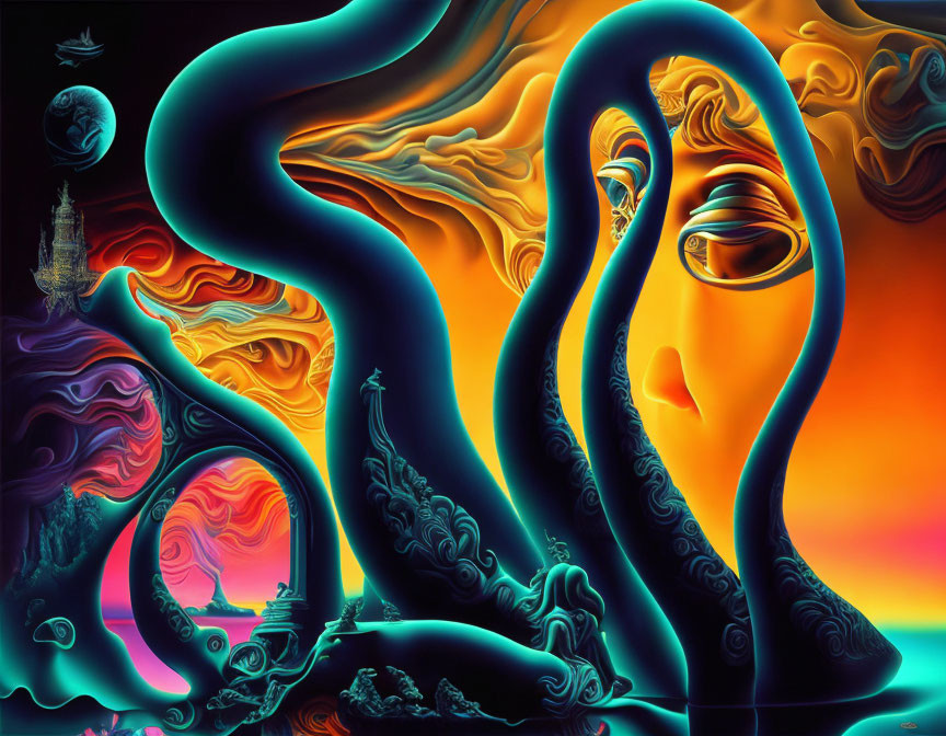 Colorful Surreal Landscape with Swirling Tree-like Structures and Cosmic Elements