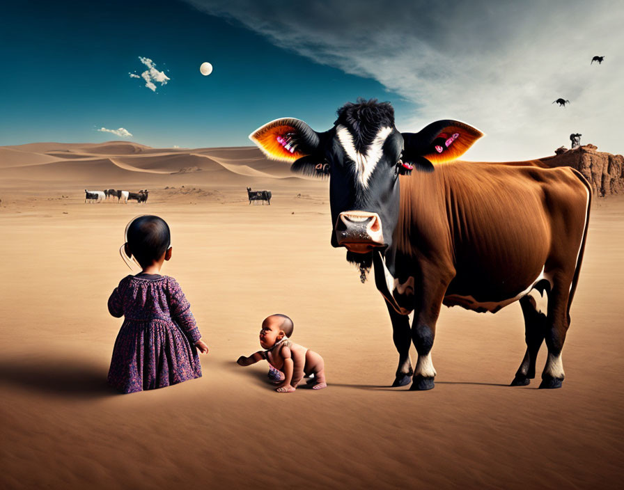 Children encounter cow with butterfly wings in moonlit desert landscape